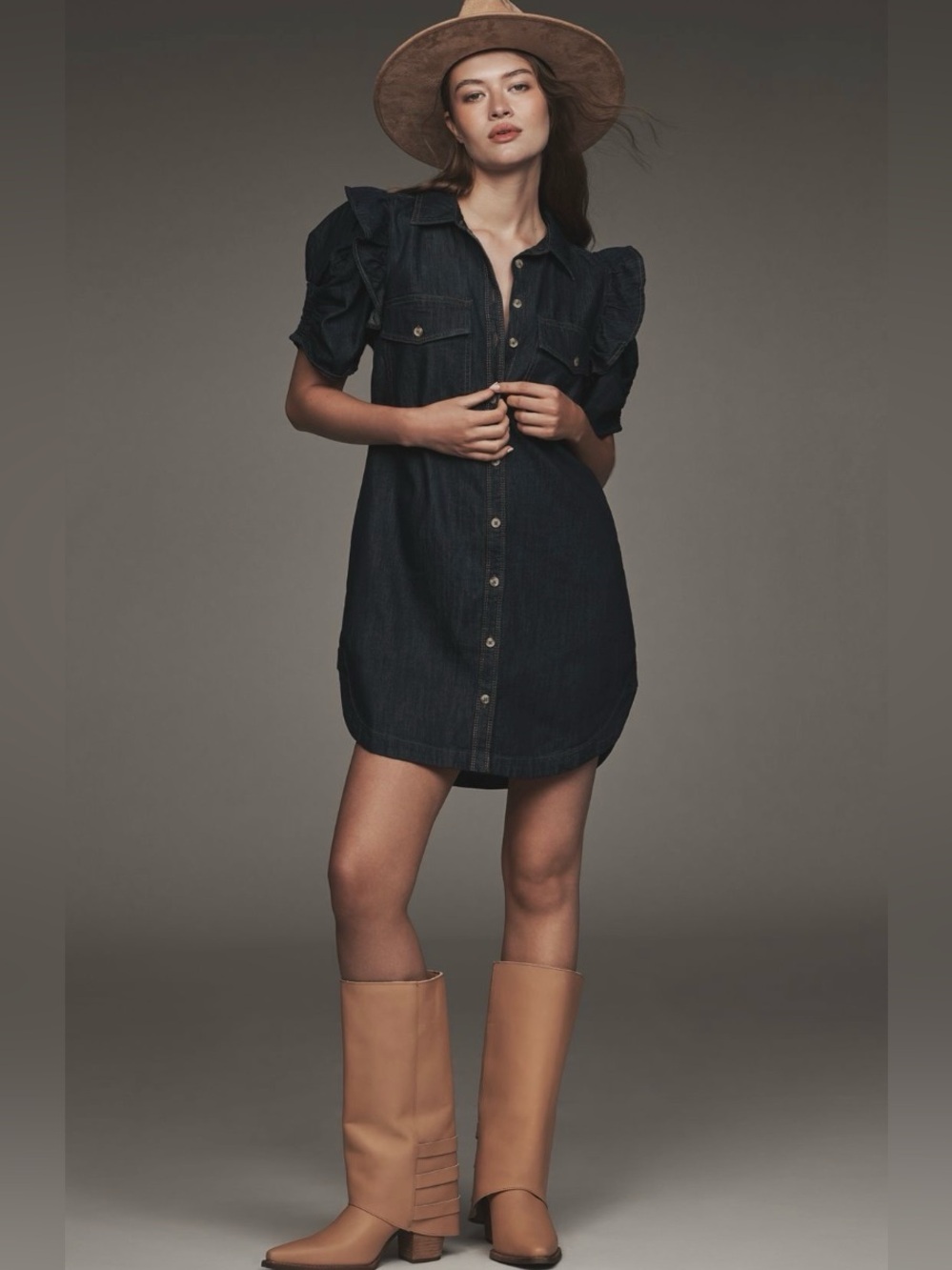 Anthropologie The Ozzi Ruffle-Sleeve Shirtdress in Rinse Darkwash